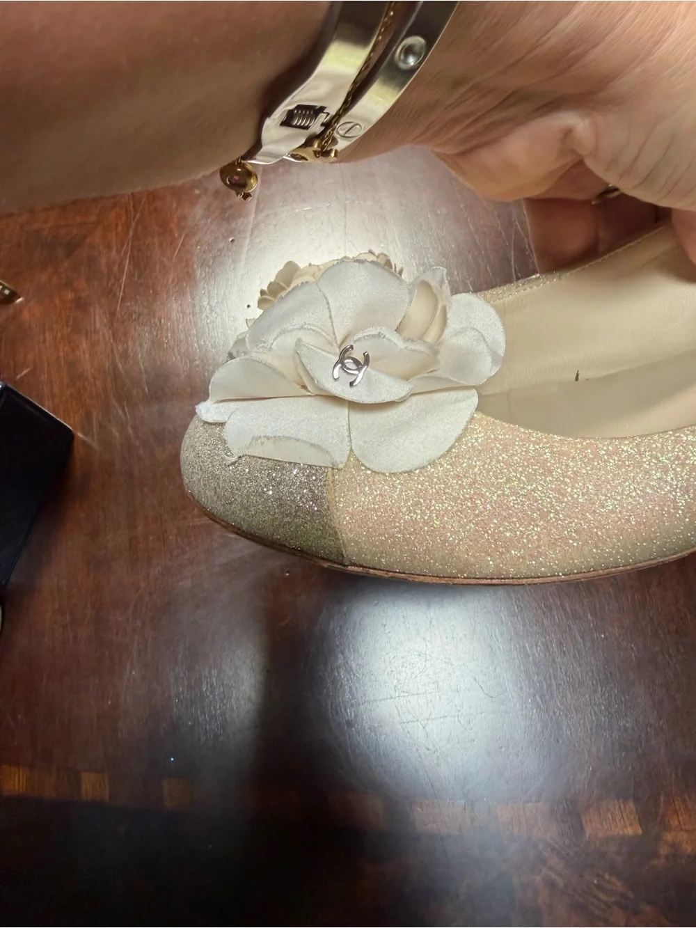 CHANEL Beige Floral Camellia Ballet Flats
